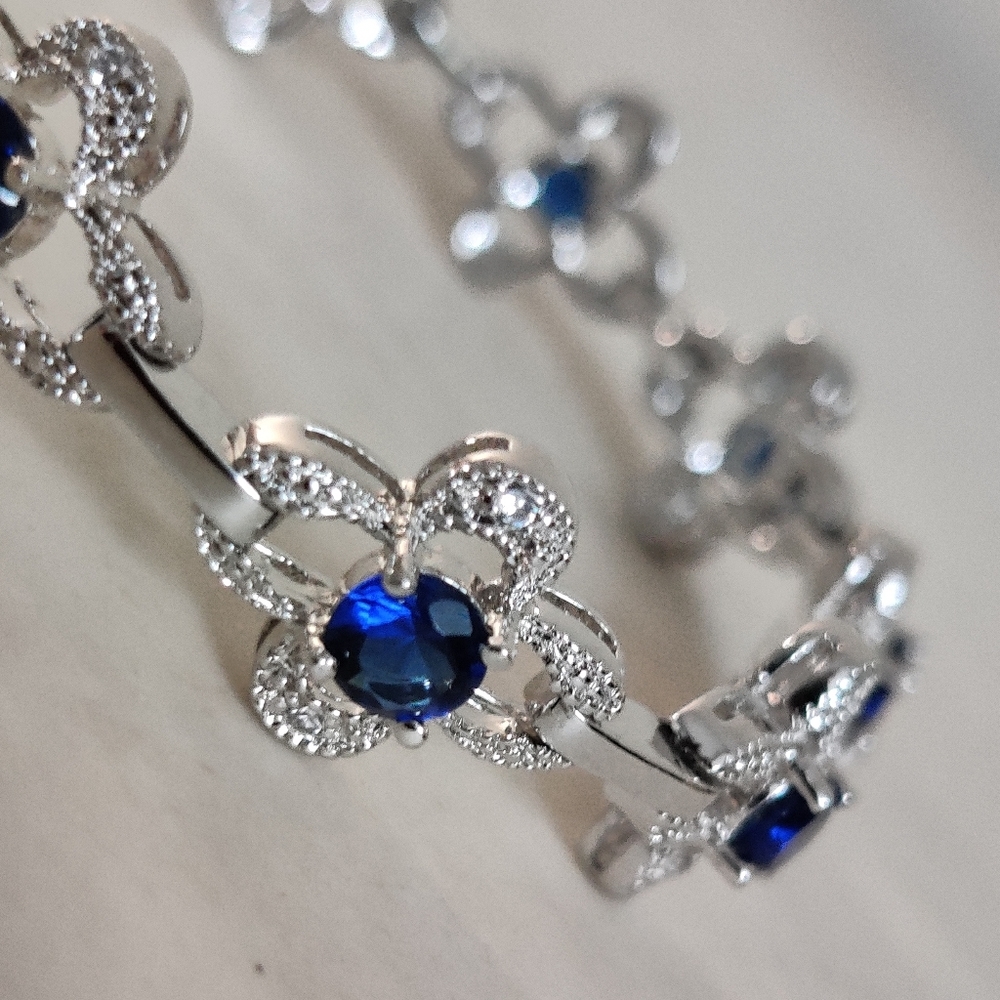 Dazzling Sterling Silver Bracelet w/ Blue Sapphire & Cubic Zirconia